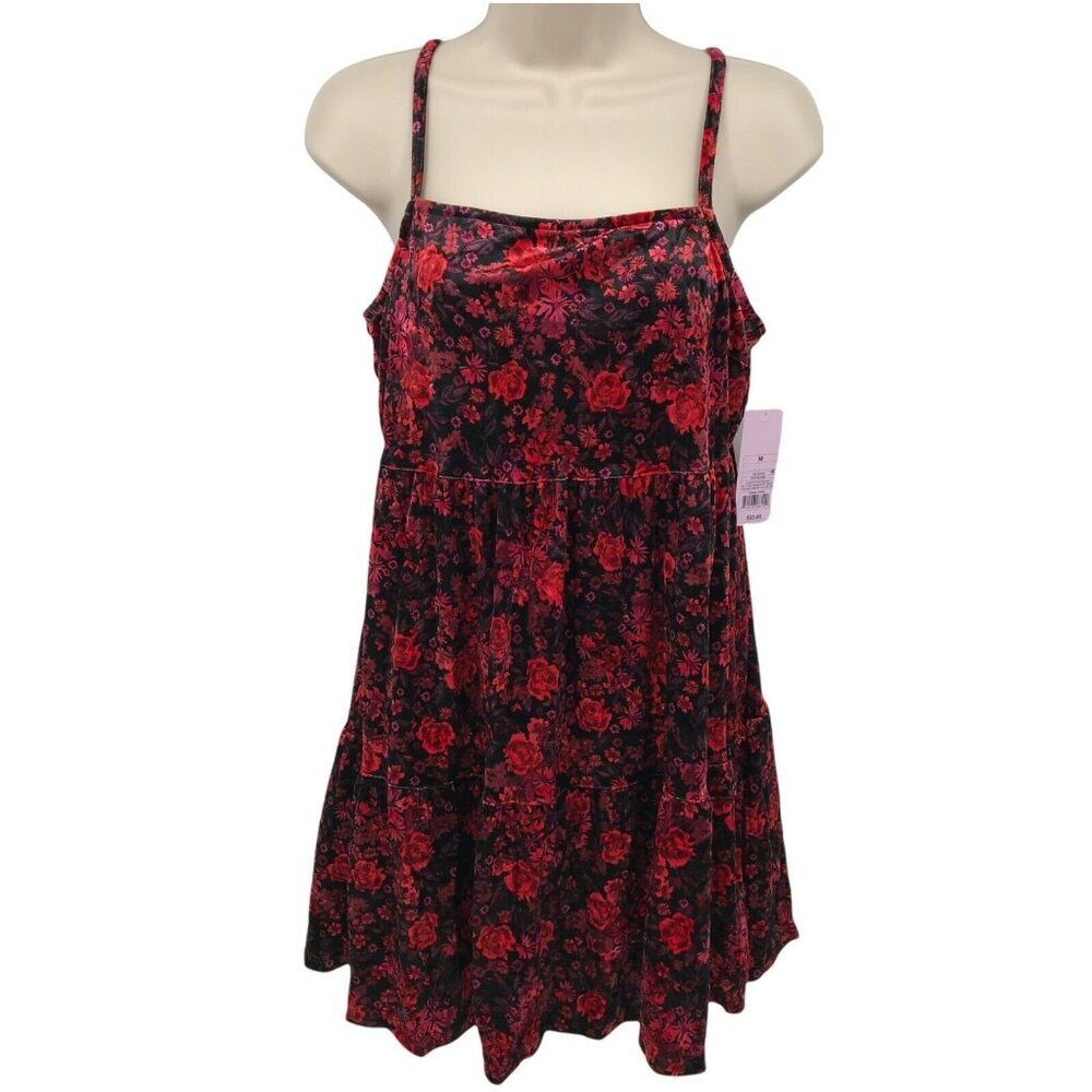 Wild Fable Women Square Neck Spaghetti Strap Floral Red Velvet Mini Dress Size M